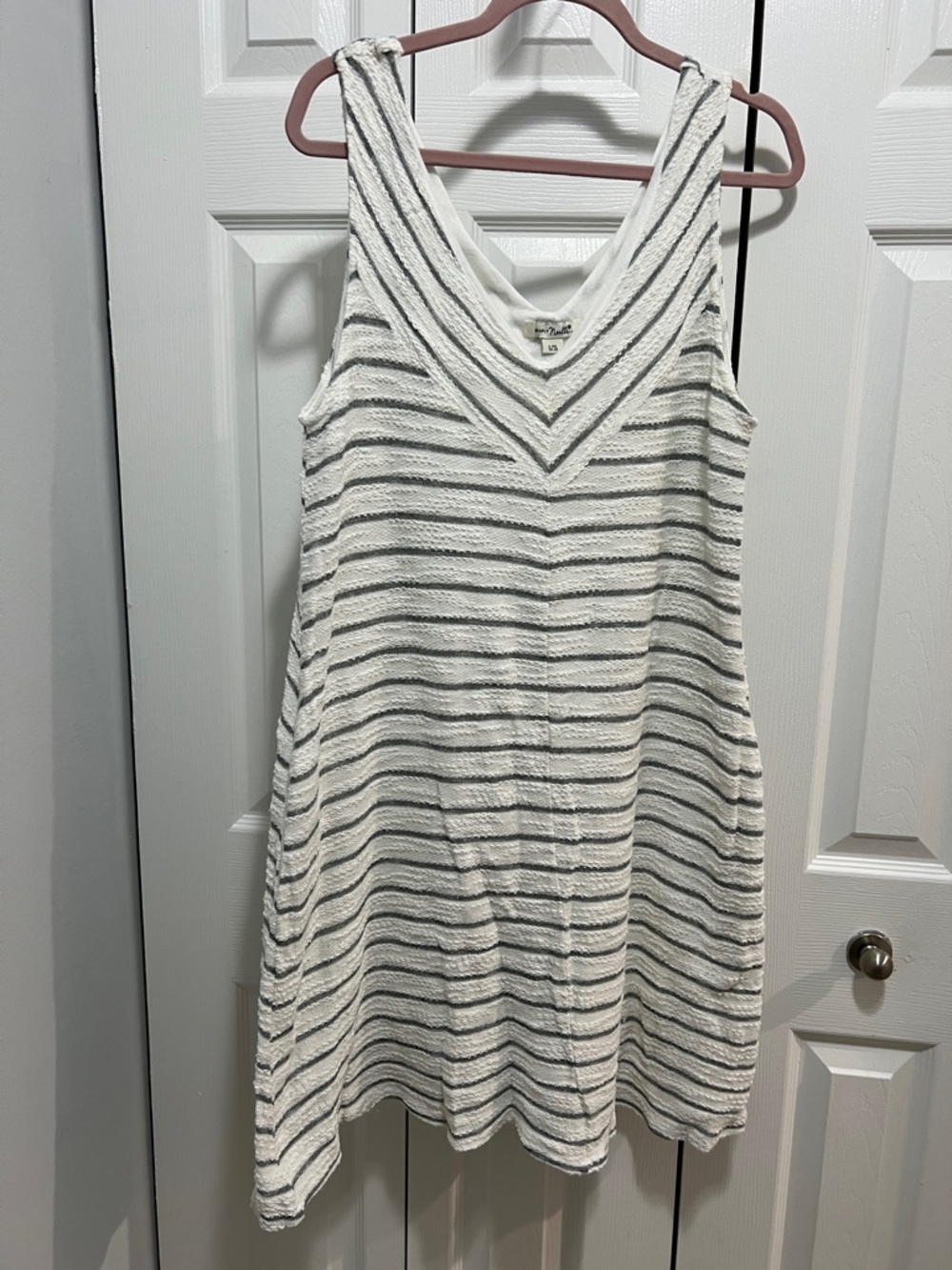 Simply Noelle White Dress with Light Gray Stripes - V-Neck Sleeveless Mini